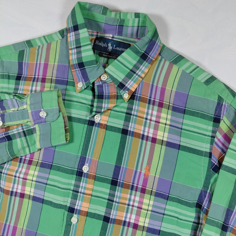 Polo Ralph Lauren Mens Custom Fit Plaid Button Down Shirt Green Purple Medium M